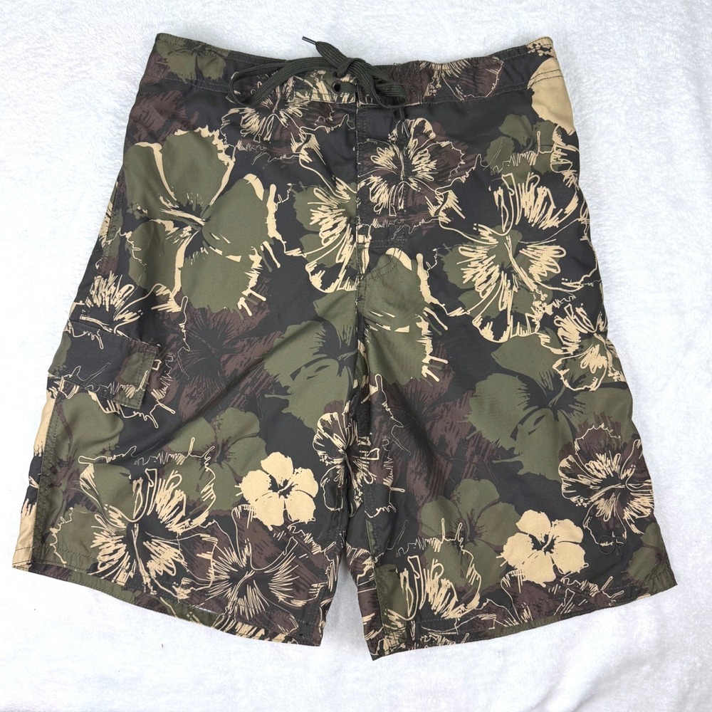 OP Ocean Pacific Mens Camo Floral Board Shorts Green Hibiscus Swim Trunks Size M
